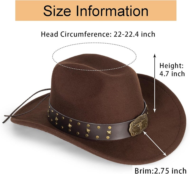 Eohak Womens Western Cowboy Hats Studded Pinched Western Cowgirl Hats Wide Brim Fedoras Hat with Belt Buckle (Size:Medium) - Image 2